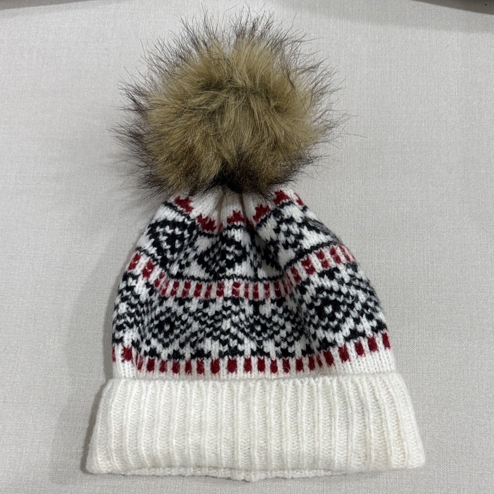Abercrombie & Fitch Knit Pom-Pom Hat - White, Black, and Red- Like new!